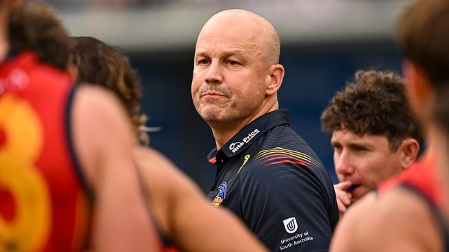 PERTH, AUSTRALIA - MARCH 29: Matthew Nicks, Senior Coach of the Crows addresses the players at the break during the 2024 AFL Round 03 match between the Fremantle Dockers and the Adelaide Crows at Optus Stadium on March 29, 2024 in Perth, Australia. (Photo by Daniel Carson/AFL Photos via Getty Images)