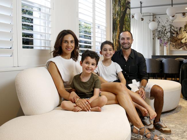 Homes of Leading real estate Agents.  Ray White Double bay Agent Elliott Placks (left) with his wife Lauren and sons Ashton -4 and Remi -8  at their Bellevue Hill Home. Picture: John Appleyard