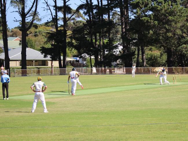 Dromana's Zacc Klan rips out Tootgarook's Jacob Long's middle stump. Picture: Adam Voigt