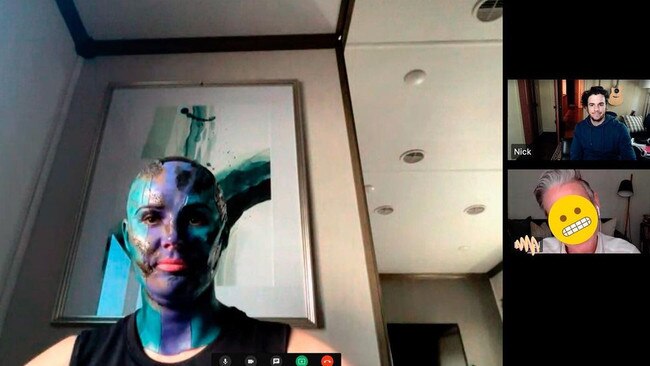 Karen Gillan attends couple’s therapy Zoom call in full Guardians makeup. Picture: Karen Gillan/Instagram