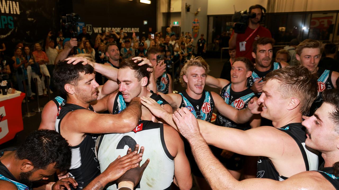 The Power celebrating after Saturday’s win. Picture: James Elsby/AFL Photos