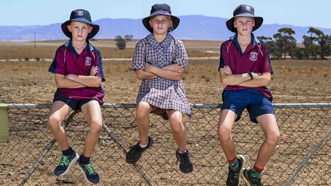 Kody Chapman, 9, Matisse Arthur, 11, and Noah Zwar, 10 from Booleroo Centre District school. Picture Mark Brake