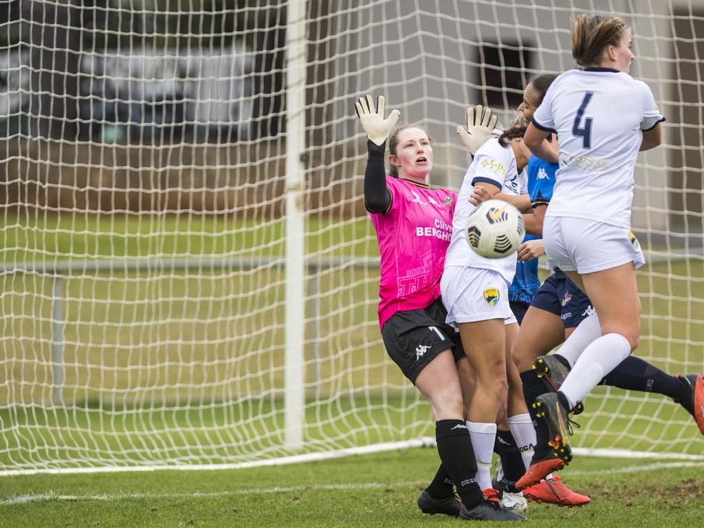 South West Queensland Thunder goal keeper Elizabeth Hollitt defends against Gold Coast United in NPLW Queensland round 14 football at Clive Berghofer Stadium, Saturday, June 19, 2021. Picture: Kevin Farmer