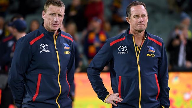 Adelaide Crows head of football Brett Burton and coach Don Pyke after the round 22 loss to Collingwood. Picture: Mark Brake/Getty Images