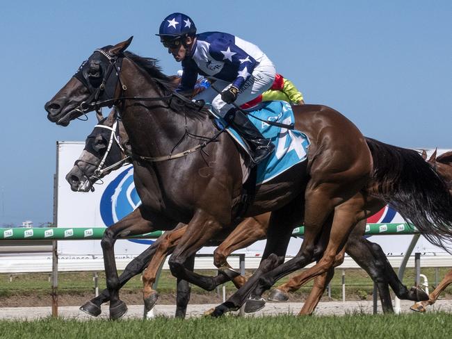 Jockey Jon Grisedale rode Tiomo to victory in the Class 1 Handicap (1800m) at the Gold Coast Turf Club on Saturday, March 21, 2020. Picture credit: Greg Irvine, Magic Millions.