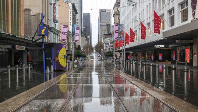 An empty Bourke St. Mall during Melbourne’s multiple lockdowns. Picture: Ian Currie