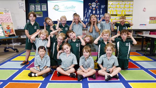 MY FIRST YEAR 2024 -SILLY FACES – Freshwater State School prep class AM. Back (L-R): Ben, Adaline, Oban, Leuca, Shonali, Lily, Ruben Middle (L-R): Zara, Isaac, Brax, Remy, Rafael, Wyatt Front (L-R): Amelia, Sophie, Frankie, Isla Picture: Brendan Radke