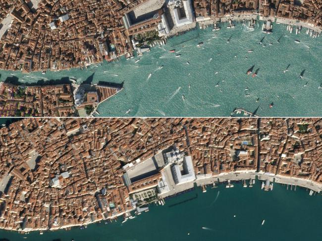 This combination of pictures created on March 19, 2020 using handout satellite images shows boats in the waters off of San Marco square in Venice, Italy. Reports of dolphins in the canals were reportedly fake news - but there was no denying the improvement in water quality. Picture: 2020 Planet Labs/AFP