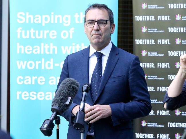 Premier Steven Marshall holds a press conference at the Royal Adelaide Hospital in Adelaide, Monday, March 23, 2020.  (AAP Image/Kelly Barnes) NO ARCHIVING