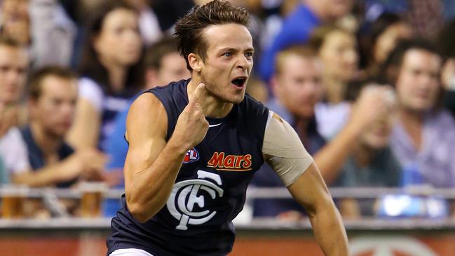 Dylan Buckley celebrates booting a goal on debut for Carlton.