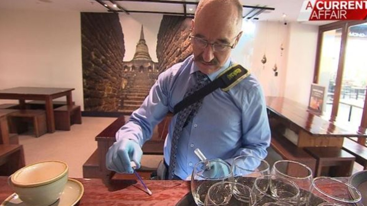 They hired microbiologist Craig Andrew-Kabilafkas who spent the day going over every inch of the Thai Rock restaurant. Picture: A Current Affair