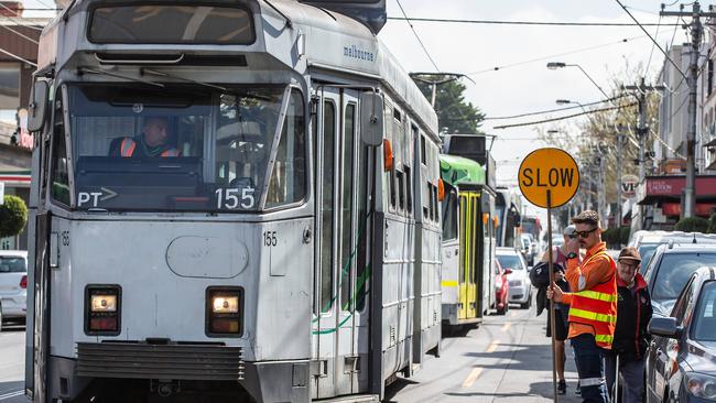 A queue of trams banks up on Glenferrie Rd, ahead of the strike. Picture: Sarah Matray