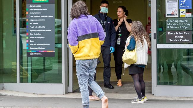 People queue at Centrelink in Abbotsford. Picture: Jake Nowakowski