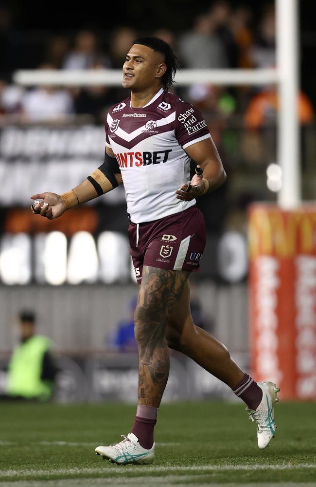 Haumole Olakau'atu of the Sea Eagles is sent to the sin bin for tackling too hard. Picture: Getty Images