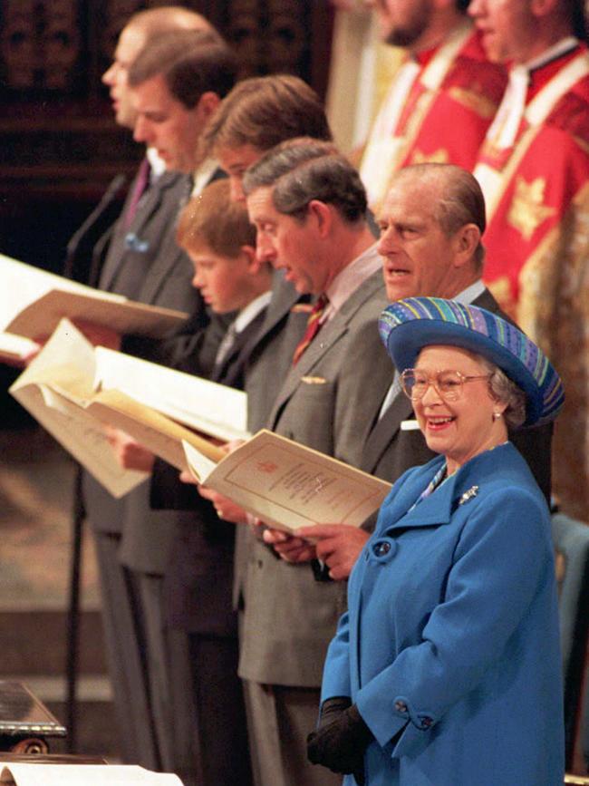 Pictured from front; Queen Elizabeth II, Prince Philip the Duke of Edinburgh, Prince Charles, Prince William and Prince Harry (centre), during a thanksgiving service at Westminster Abbey in London, in 1997. Picture: AP