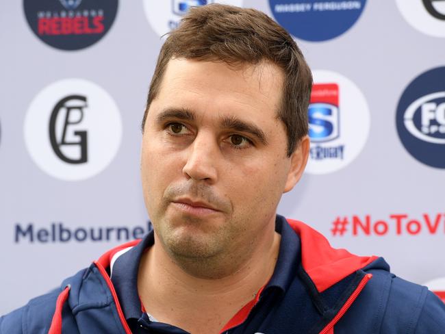 Melbourne Rebels coach Dave Wessels speaks to the media during a media opportunity at AAMI Park in Melbourne, Wednesday, May 2, 2018. The Rebels and Rugby Victoria have teamed up with Legacy Property and Investment Group on a two year sponsorship deal. The new partnership will deliver a program of community initiatives designed to promote inclusion and combat social inequity, violence and injustice. (AAP Image/Andy Brownbill) NO ARCHIVING