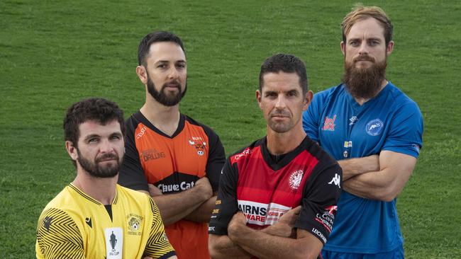 The captains of the four remaining FNQ Premier League clubs (from left) Josh de Nittis (Edge Hill United), Robert Pendenza (Mareeba United), Alex Russell (Leichhardt FC) and Matthew Murray (Stratford FC). Picture: Brian Cassey