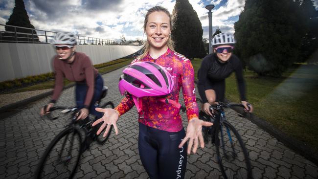 Cyclists (L-R) Sofia Tsamassiros, Nicole Frain and Jessie Sawyer want to have more cycling events for women in the south of the state. Picture: LUKE BOWDEN