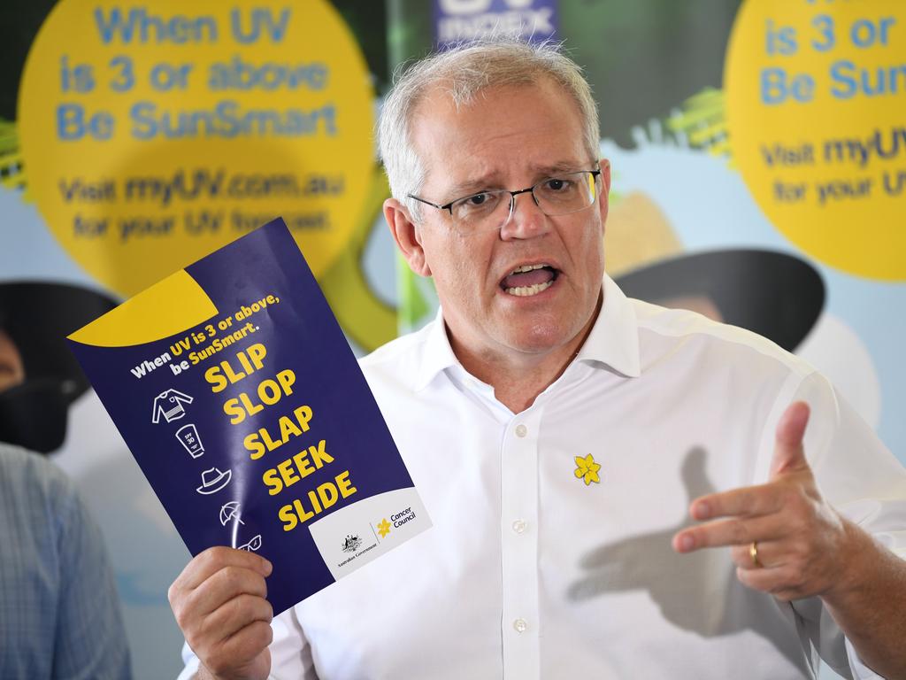 Prime Minister Scott Morrison speaks at a the Bribie Island Surf Life Saving Club, north of Brisbane. Picture: NCA NewsWire/Dan Peled