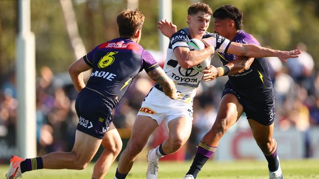 Tom Duffy of the Cowboys runs with the ball during the 2025 NRL Pre-Season Challenge match between Melbourne Storm and North Queensland Cowboys at Casey Fields on February 23, 2025 in Melbourne, Australia. (Photo by Morgan Hancock/Getty Images)