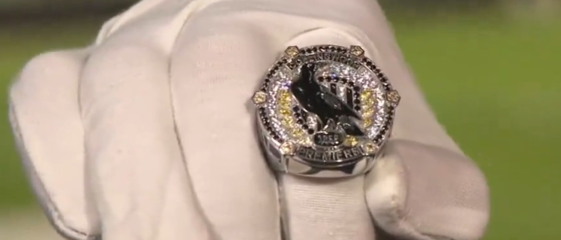 A prototype of Collingwood's 2023 premiership ring.