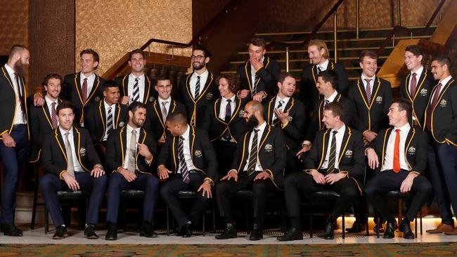 The 2019 All Australian team enjoy a casual moment after the side was named. Pic: Getty Images