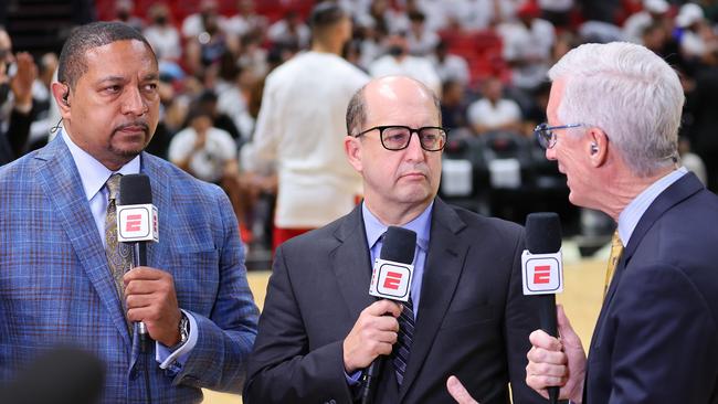 MIAMI, FLORIDA - MAY 19: ESPN Analysts, Mark Jackson, Jeff Van Gundy, and Mike Breen look on prior to Game Two of the 2022 NBA Playoffs Eastern Conference Finals between the Miami Heat and the Boston Celtics at FTX Arena on May 19, 2022 in Miami, Florida. NOTE TO USER: User expressly acknowledges and agrees that, by downloading and or using this photograph, User is consenting to the terms and conditions of the Getty Images License Agreement. (Photo by Michael Reaves/Getty Images)