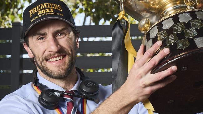 Retiring captain, Max Proud celebrating in Glengowrie, after his SANFL grand final win on Sunday, Monday, Sept. 25, 2023. Picture: Matt Loxton