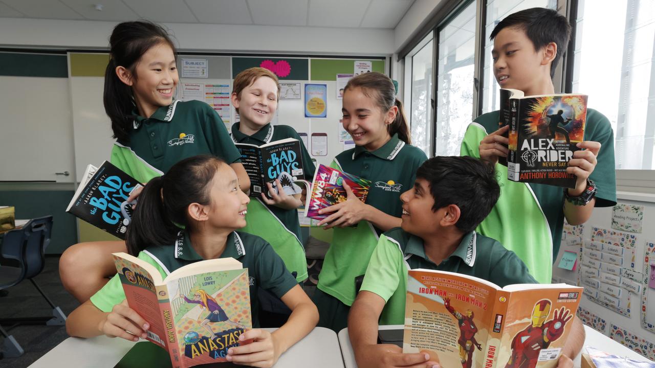 Sunnybank Hills State School Year 6 students Karen Zhong, Enming Pan, Beau Rigby, Kyra Henderson, Armaan Benning and Marcus Chan in February this year. Picture Lachie Millard