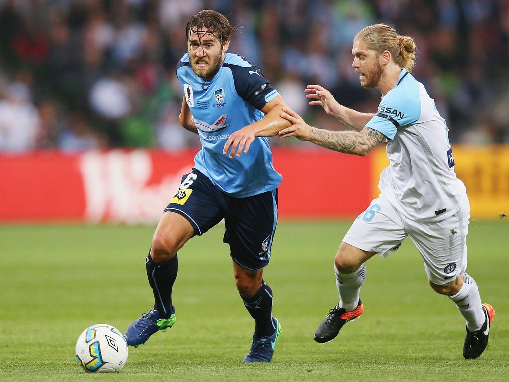 Josh Brillante (left) and Luke Brattan do battle during their respective stints with Sydney FC and Melbourne City. Picture: Michael Dodge/Getty Images