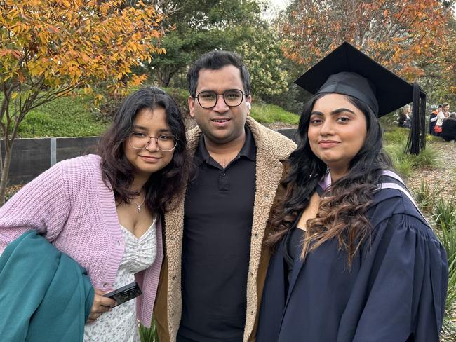 Urvashi Sain, with Mehak Garg and Akhil Garg, graduates with a Juris Doctor from La Trobe University on May 14, 2024. Picture: Brittany Busch