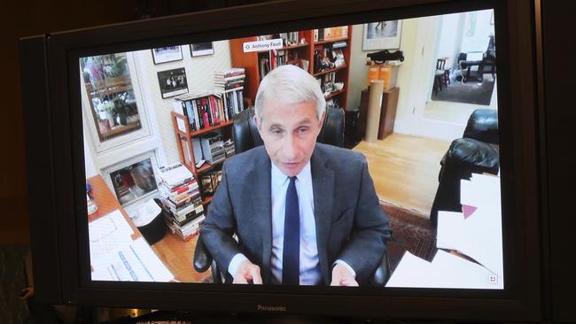 Dr Anthony Fauci, director of the National Institute of Allergy and Infectious Diseases speaks remotely during a virtual Senate Committee for Health, Education, Labor, and Pensions hearing on Capitol Hill in Washington.