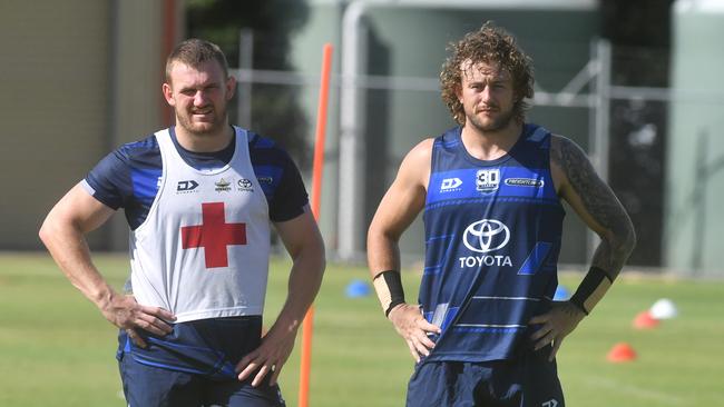 Coen Hess sporting a medical singlet alongside Sam McIntyre in November 2024 during North Queensland Cowboys pre-season training at the Townsville Sports Reserve. Picture: Evan Morgan