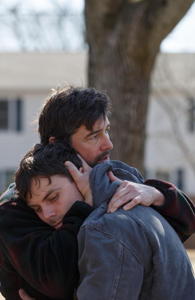 Kyle Chandler’s character Joe Chandler hugs his brother Lee (played superbly by Casey Affleck) in a scene from film Manchester By the Sea. Picture: Claire Folger