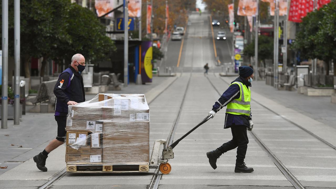 Melbourne’s usually busy Bourke Street Mall was deserted on Friday as Victorians bunker down for a seven-day lockdown. Picture: William West/AFP