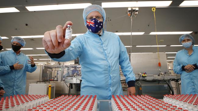 Scott Morrison visits the CSL vaccine manufacturing facility in Melbourne last month to see the Oxford-AstraZeneca vaccine being manufactured. Picture: Getty Images