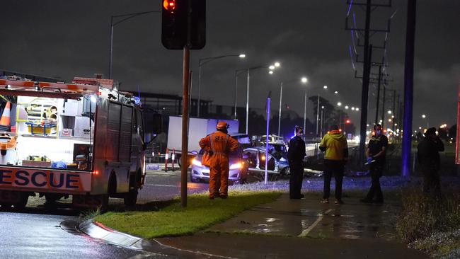 The sedan was travelling east along Dohertys Rd when it smashed head on into the small truck. Picture: Josie Hayden