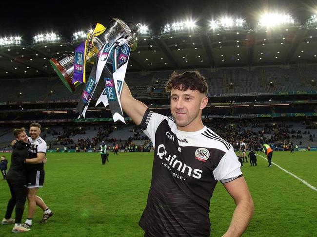 Dylan Ward celebrates a Kilcoo title win. Picture: @MagpieWard/X