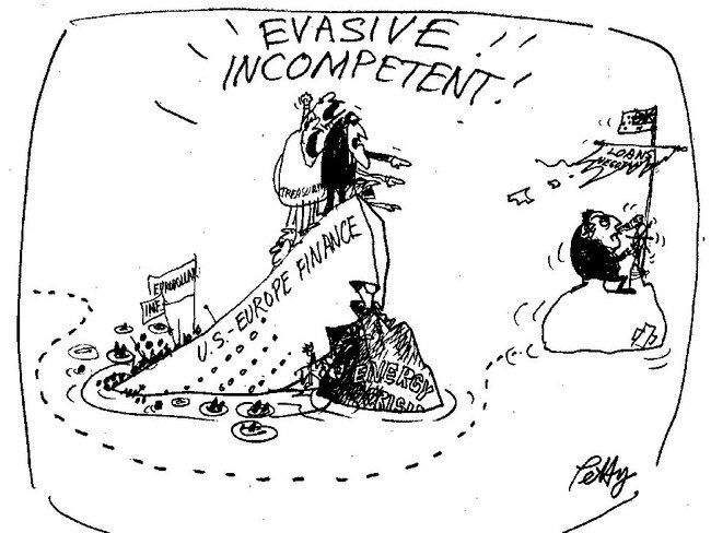 As criticism of the Loans Affair rained down on Gough Whitlam, Bruce Petty looked at the credibility of European criticism. The cartoon appeared in The Australian in 1975.