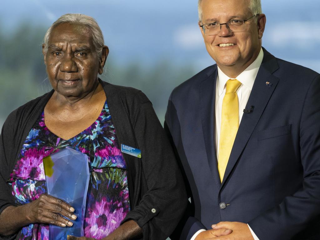 The Prime Minister with the Senior Australian of the Year award winner Dr Miriam-Rose Ungunmerr Baumann at Parliament House, Canberra. Picture: NCA NewsWire / Martin Ollman