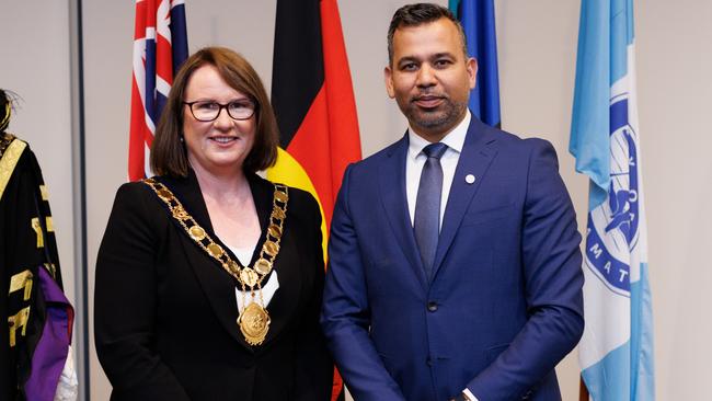 Parramatta Lord Mayor Donna Davis and Deputy Lord Mayor Sameer Pandey after they were elected uncontested on January 10, 2022.