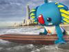 SPEAK TO GCB PIC ED BEFORE USE: Borobi, the Gold Coast 2018Commonwealth Games mascot, hits the water at Surfers Paradise for an early morning surf before work. Picture Glenn Hampson