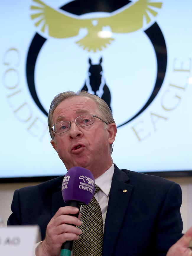 Mr Balding announcing the then-new race The Golden Eagle. Picture: Toby Zerna