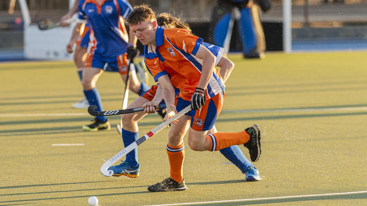 Newtown Blue against Newtown Orange in A2 Men's Toowoomba Hockey grand final at Clyde Park, Saturday, September 7, 2024. Picture: Kevin Farmer