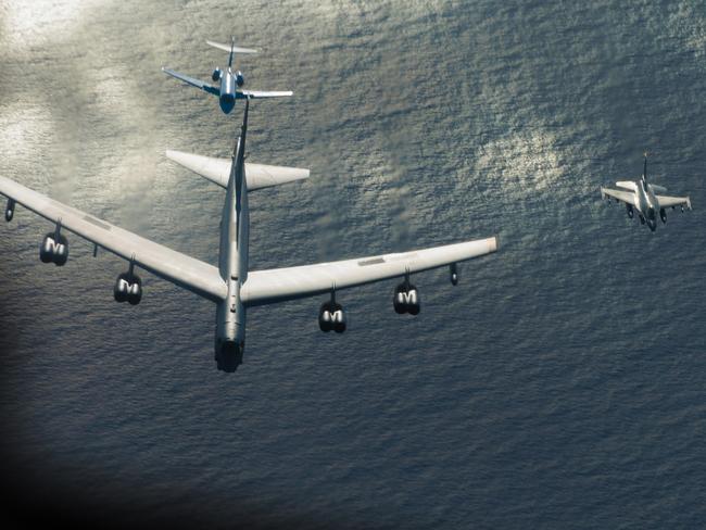 (L-R) A Japan Air Self-Defense Force (JASDF) U-125A, United States Air Force B-52 Stratofortress, F-16CM Fighting Falcon, F-15C Eagle, JASDF F-2 and United States Marine Corps F/A-18D Hornet fly in formation over the Northern Mariana Islands during Exercise Cope North 24. *** Local Caption *** Exercise Cope North 2024 is a trilateral field training exercise involving the United States Air Force (USAF), Japan Air Self-Defense Force (Koku-Jieitai), and the Royal Australian Air Force (RAAF), conducted from Andersen Air Force Base, Guam, from 5 to 23 February 2024.   The exercise is focused on enhancing Australia, the United States, and Japanâ€™s integration, deepening our relationships, and strengthening engagement to ensure the capability to deliver air power and agile operations in the Indo-Pacific region.   The RAAF has deployed a C-27J Spartan and a contingency response squadron, as well as support and operations personnel. RAAF aviators will also be integrated within a Multinational Task Force Headquarters.Picture LAC Kurt Lewis/Defence