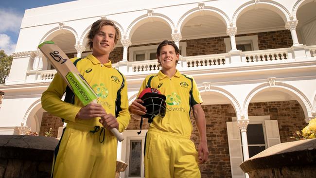 Australian U17 cricket representatives Sam Rahaley 15 and Kyle Brazell 17 at Rostrevor College. Picture: AAP/Mike Burton