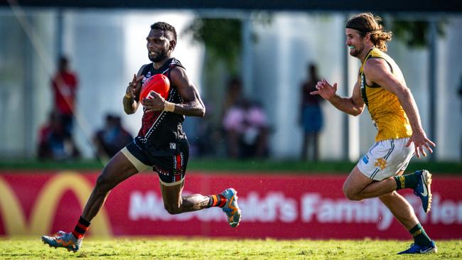 Kim Kantilla playing for the Tiwi Bombers against St Mary's in the 2024-25 NTFL semi-finals. Picture: Patch Clapp / AFLNT Media