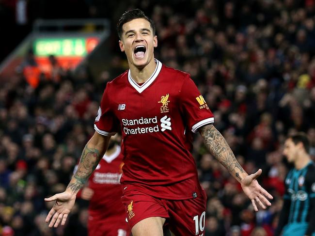 LIVERPOOL, ENGLAND - NOVEMBER 18:  Philippe Coutinho of Liverpool celebrates scoring his side's third goal during the Premier League match between Liverpool and Southampton at Anfield on November 18, 2017 in Liverpool, England.  (Photo by Jan Kruger/Getty Images)