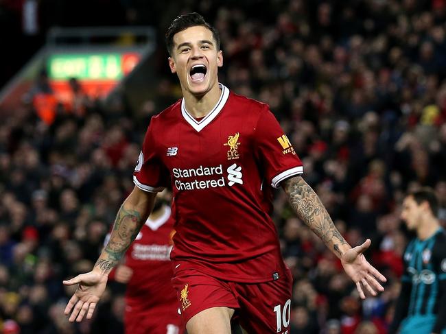 LIVERPOOL, ENGLAND - NOVEMBER 18:  Philippe Coutinho of Liverpool celebrates scoring his side's third goal during the Premier League match between Liverpool and Southampton at Anfield on November 18, 2017 in Liverpool, England.  (Photo by Jan Kruger/Getty Images)