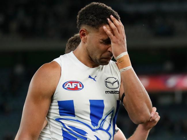 MELBOURNE, AUSTRALIA - APRIL 30: Aiden Bonar of the Kangaroos looks dejected after a loss during the 2022 AFL Round 07 match between the Carlton Blues and the North Melbourne Kangaroos at Marvel Stadium on April 30, 2022 in Melbourne, Australia. (Photo by Michael Willson/AFL Photos via Getty Images)